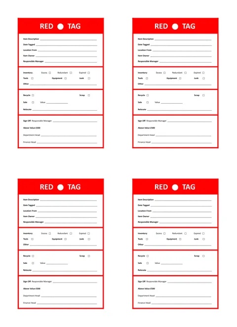 Four 5S red tags on a page